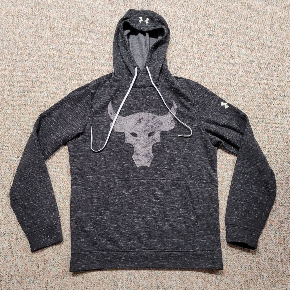 Under Armour Project Rock Hoodie Mens Small Gray Brahma Bull ColdGear Sweatshirt